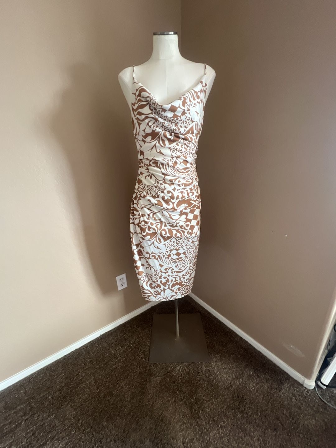 Y2K RUBY Brown and White Floral Print Cowl Neck Ruched Midi Dress 2