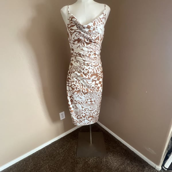 Y2K RUBY Brown and White Floral Print Cowl Neck Ruched Midi Dress