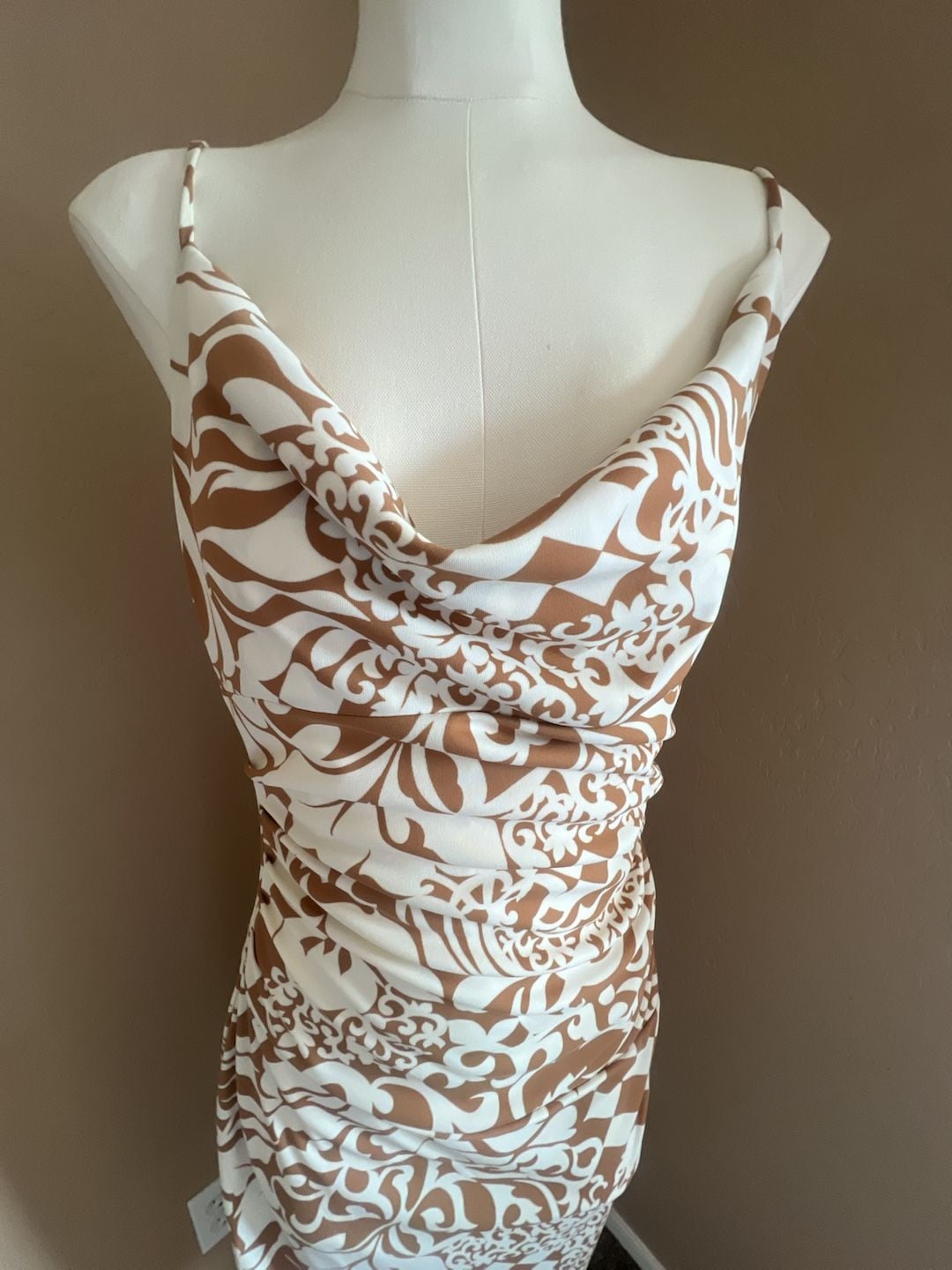 Y2K RUBY Brown and White Floral Print Cowl Neck Ruched Midi Dress 3