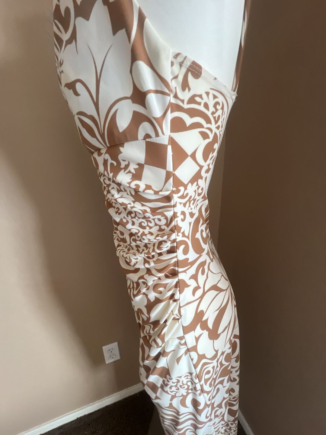 Y2K RUBY Brown and White Floral Print Cowl Neck Ruched Midi Dress 4