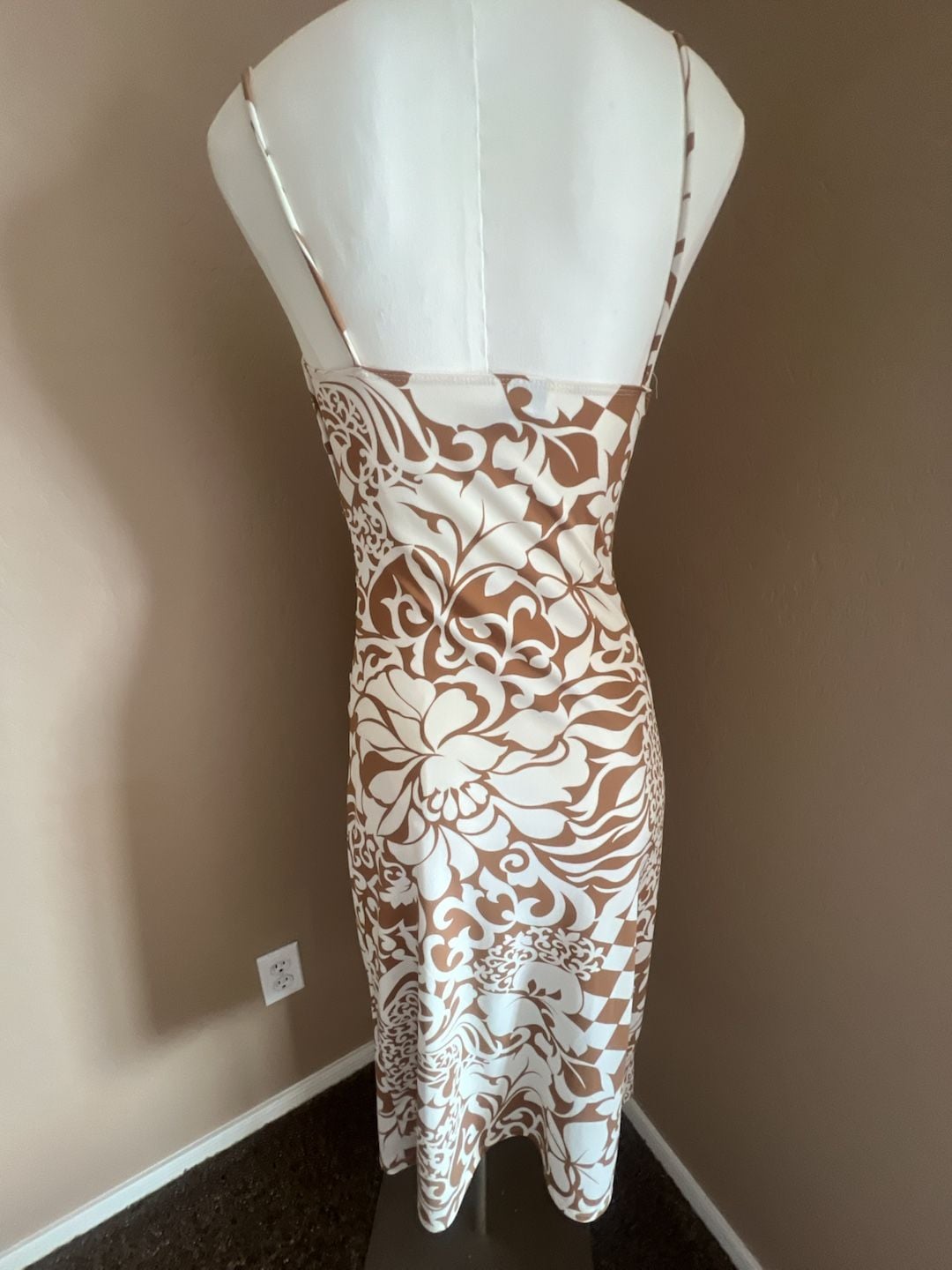 Y2K RUBY Brown and White Floral Print Cowl Neck Ruched Midi Dress 5