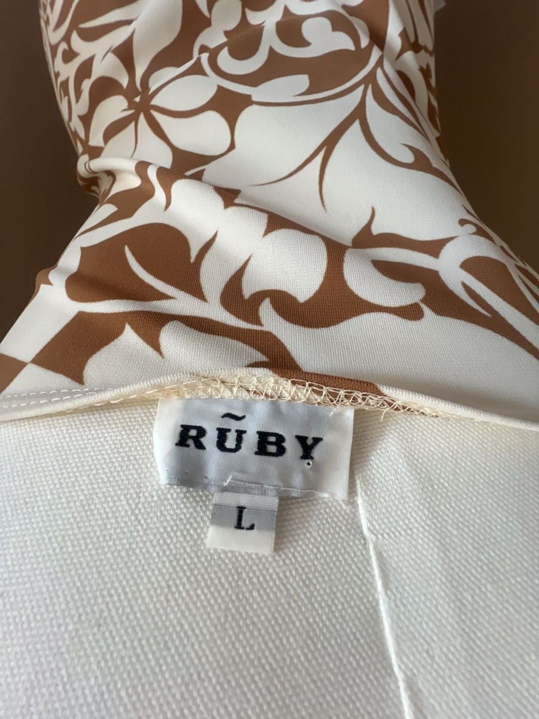 Y2K RUBY Brown and White Floral Print Cowl Neck Ruched Midi Dress 6