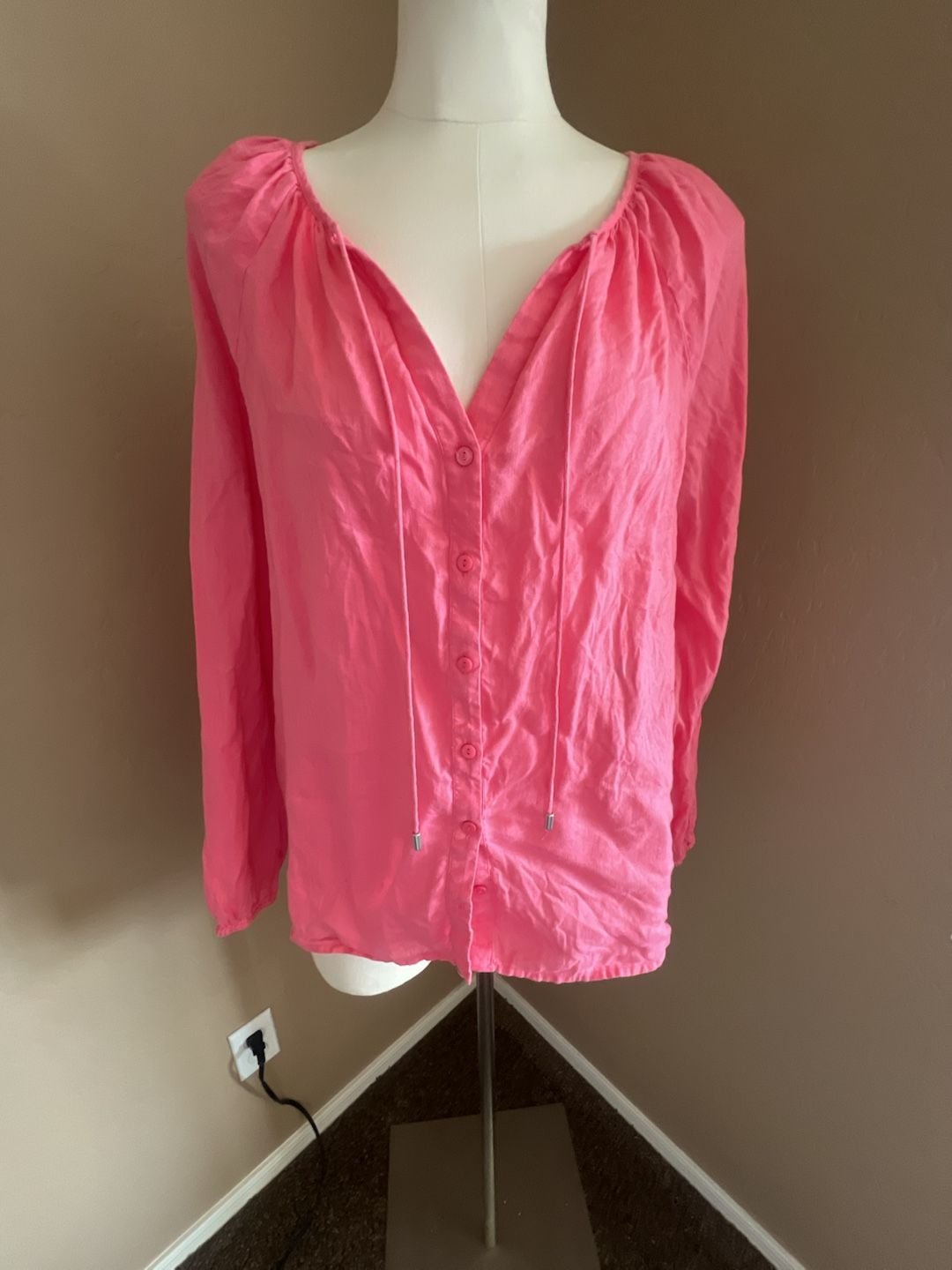 NYDJ 100% Linen V-Neck Peasant Blouse in Pink 1