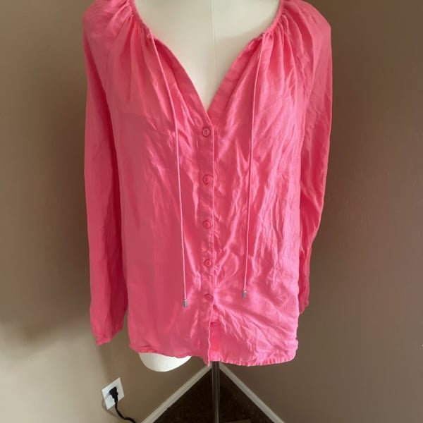 NYDJ 100% Linen V-Neck Peasant Blouse in Pink