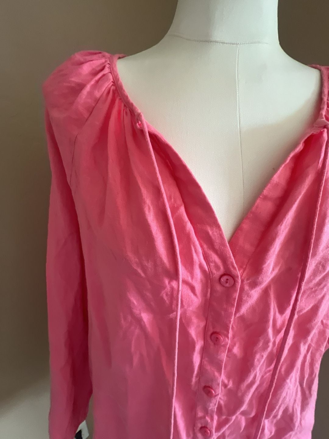 NYDJ 100% Linen V-Neck Peasant Blouse in Pink 2