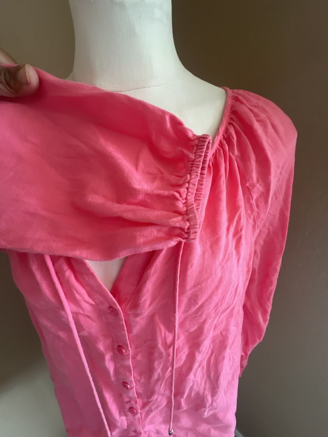 NYDJ 100% Linen V-Neck Peasant Blouse in Pink 3