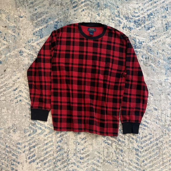 Polo Ralph Lauren Men's Red and Black Plaid Waffle Knit Long Sleeve Thermal Shirt