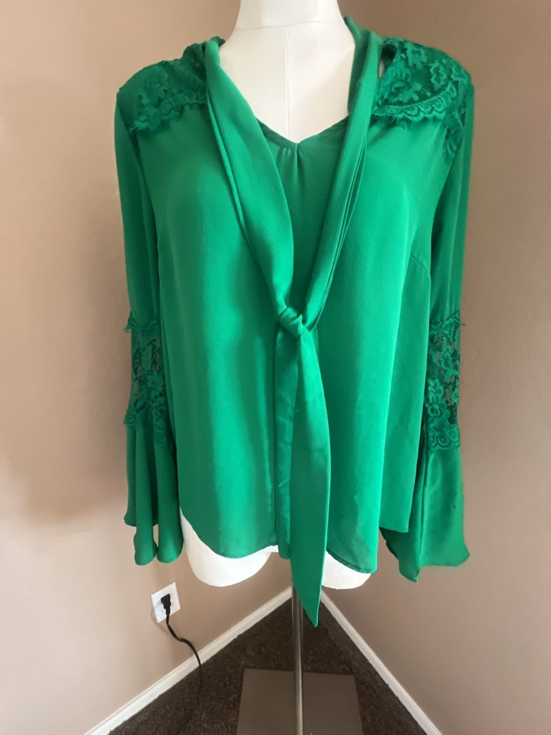 Haute Monde Green Tie-Neck Blouse with Lace Bell Sleeves 2