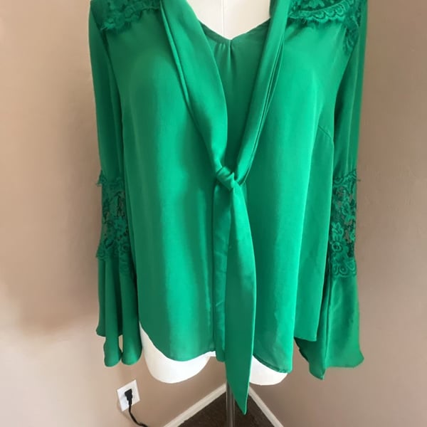 Haute Monde Green Tie-Neck Blouse with Lace Bell Sleeves