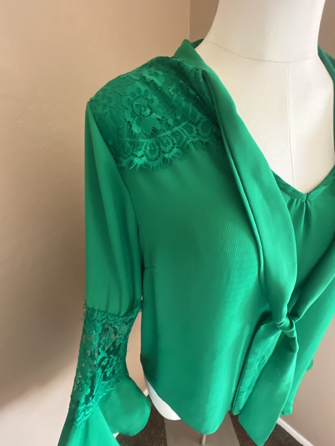 Haute Monde Green Tie-Neck Blouse with Lace Bell Sleeves 3