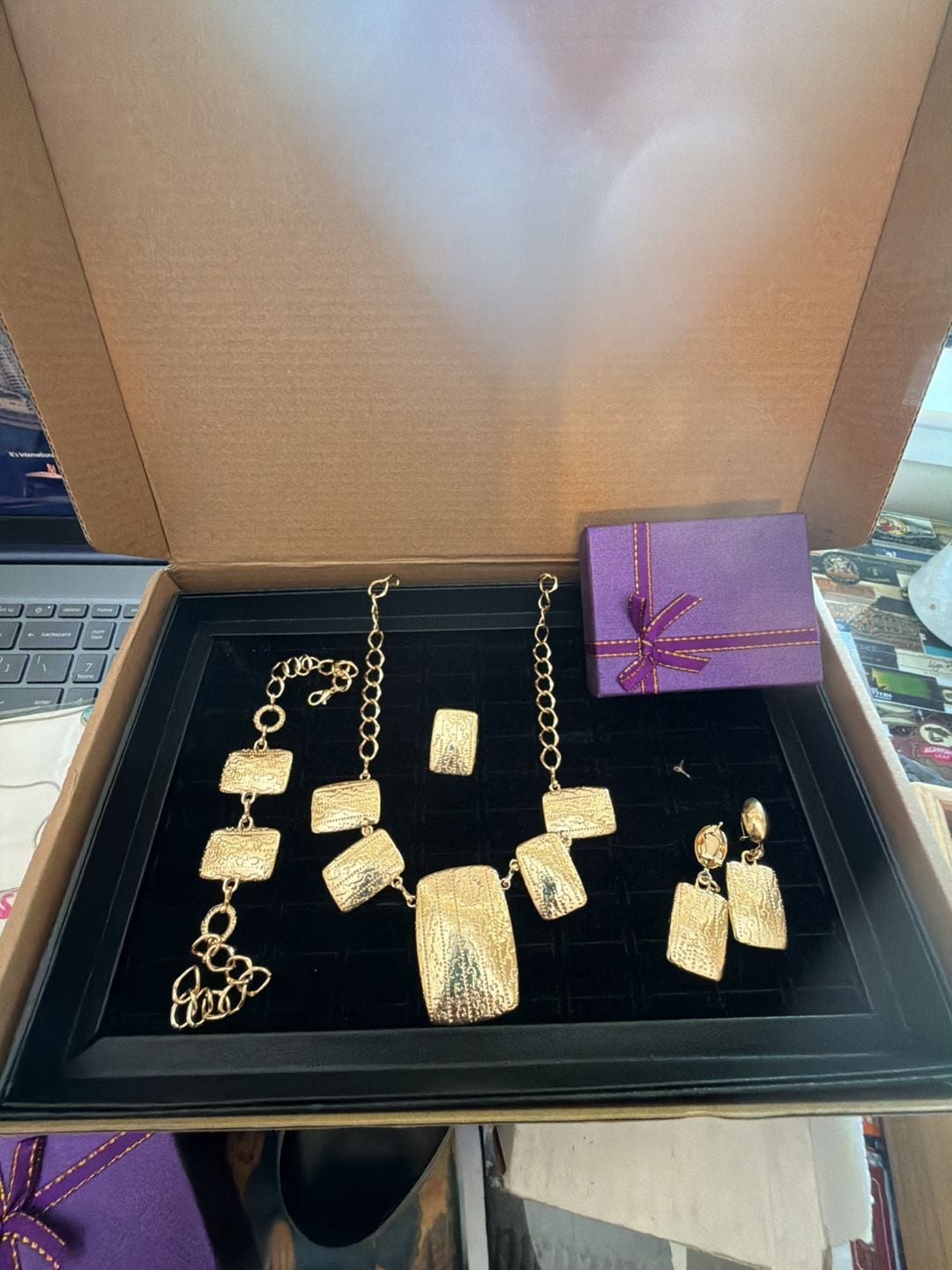 Gold-Tone Textured Statement Necklace, Bracelet, Earring, and Ring Jewelry Set 1