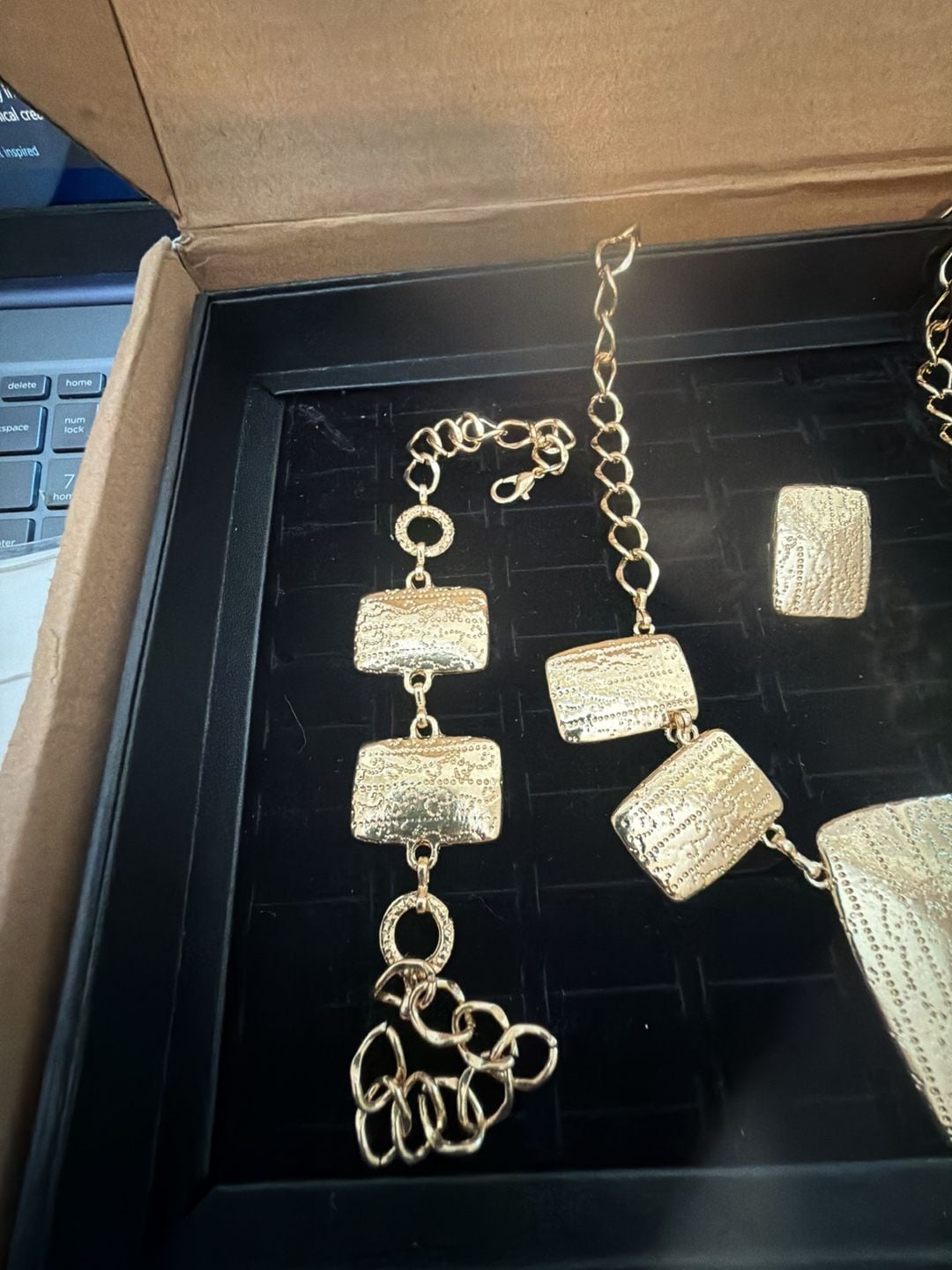 Gold-Tone Textured Statement Necklace, Bracelet, Earring, and Ring Jewelry Set 2