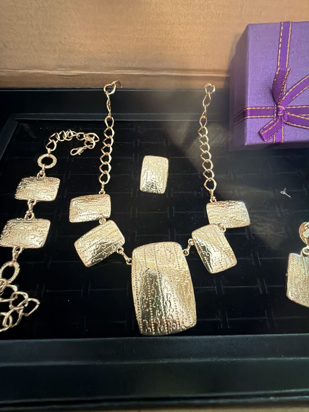 Gold-Tone Textured Statement Necklace, Bracelet, Earring, and Ring Jewelry Set 3