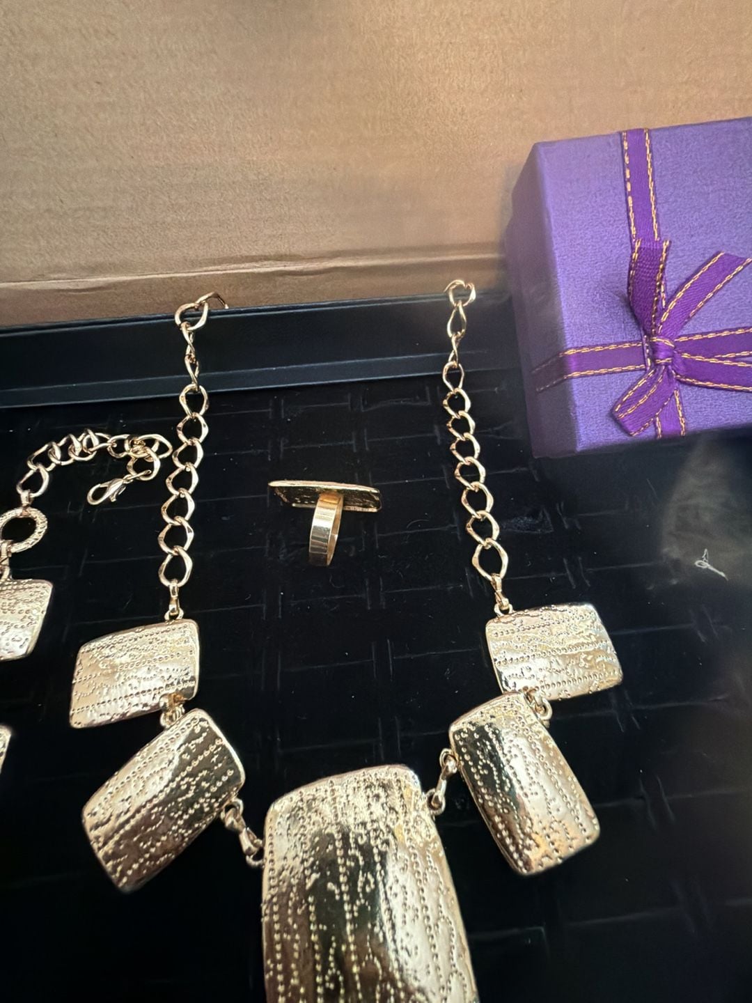 Gold-Tone Textured Statement Necklace, Bracelet, Earring, and Ring Jewelry Set 4