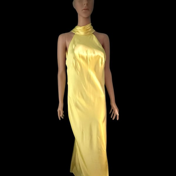 Xscape Women's Yellow Satin Halter Neck Backless Maxi Gown