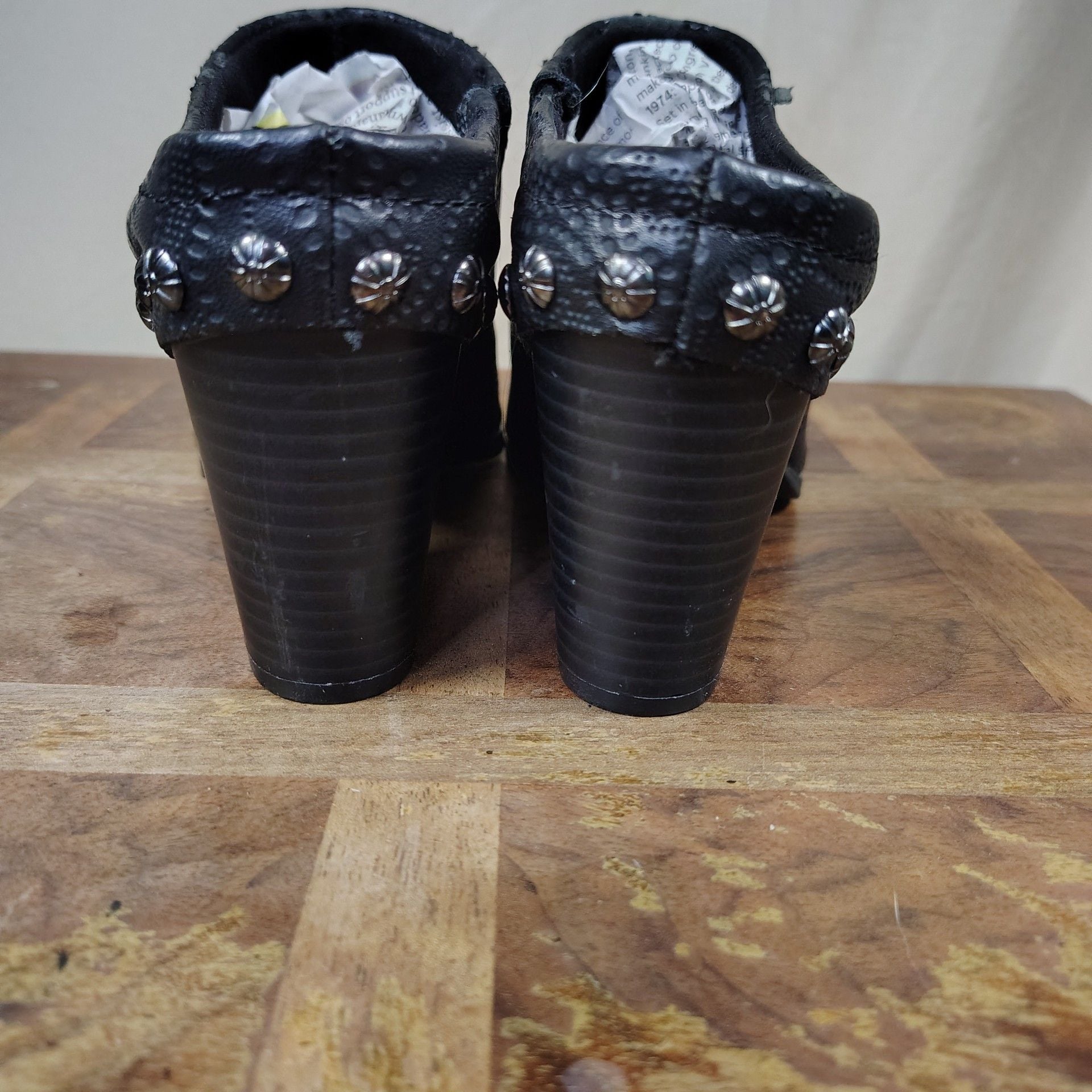 Whimsigoth, witchy, biker Black Embossed Studded Slip-On Mule Clog Heels Size 7M 3