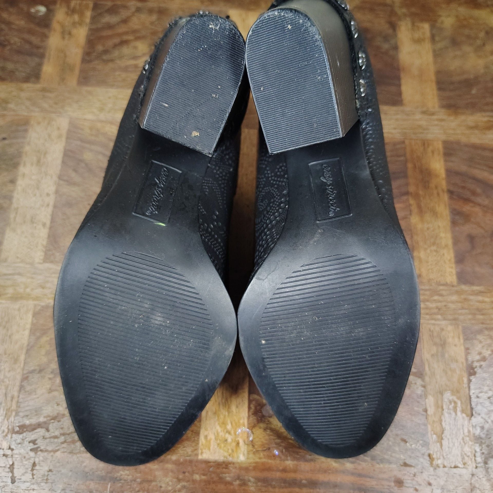 Whimsigoth, witchy, biker Black Embossed Studded Slip-On Mule Clog Heels Size 7M 7