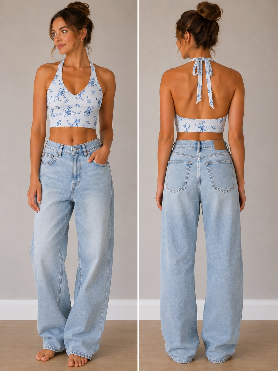 Hollister Women’s Small Blue Floral Halter Crop Top Tie Back Y2K Coquette 2