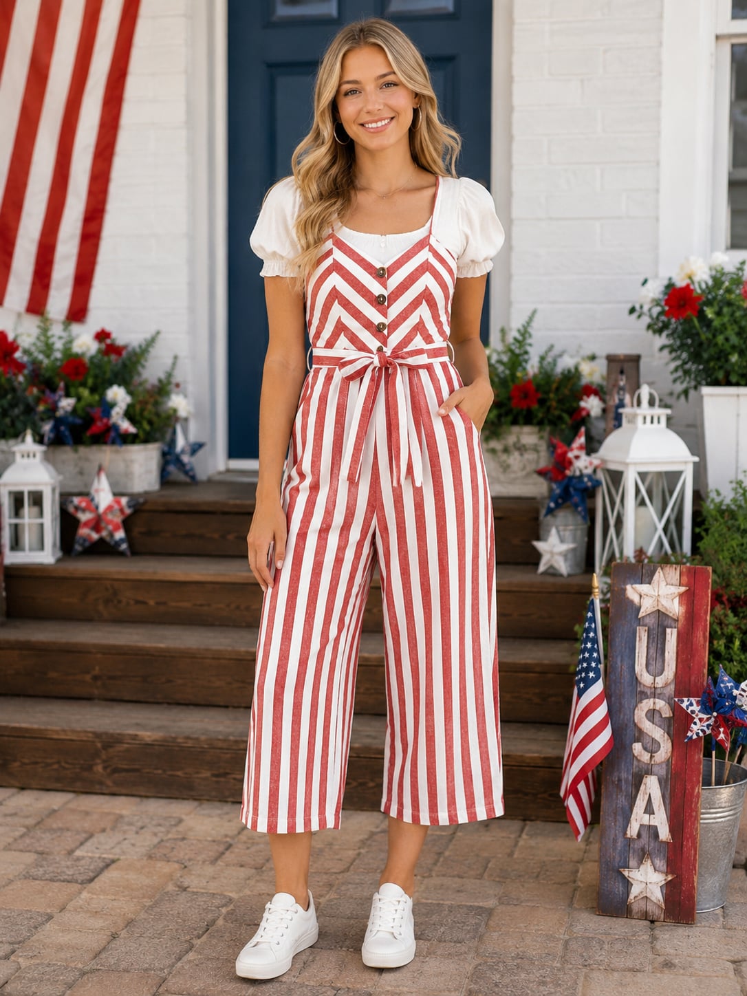 Kensie Jeans Red White Striped Linen Blend Wide Leg Cropped Jumpsuit Small 2