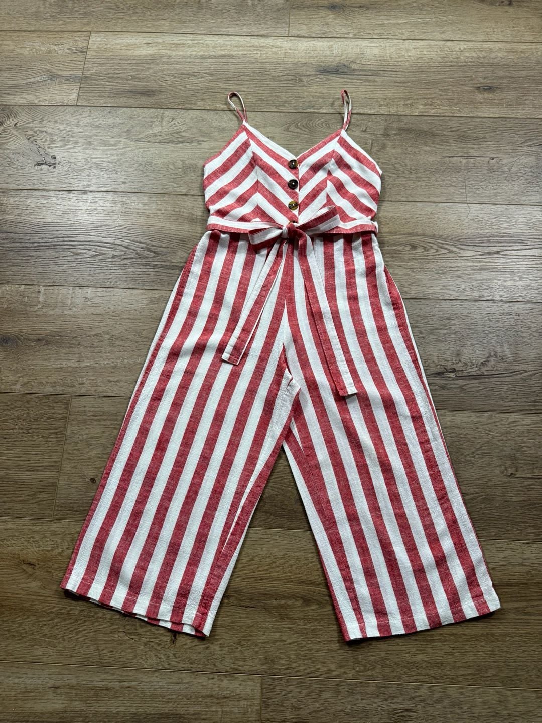 Kensie Jeans Red White Striped Linen Blend Wide Leg Cropped Jumpsuit Small 3