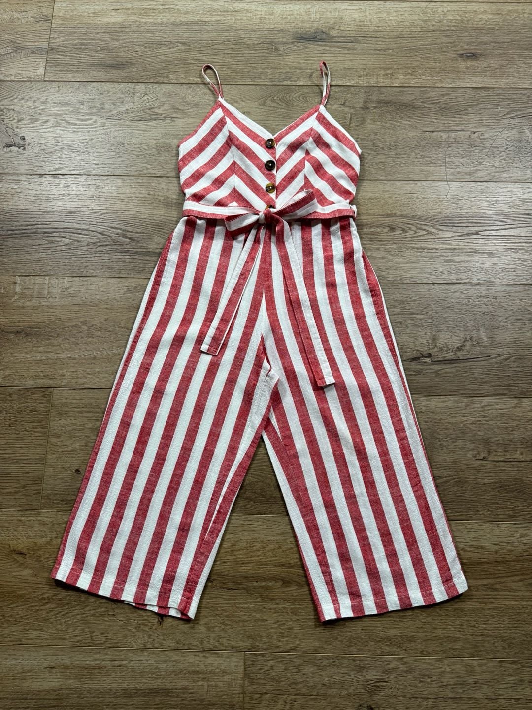 Kensie Jeans Red White Striped Linen Blend Wide Leg Cropped Jumpsuit Small 4