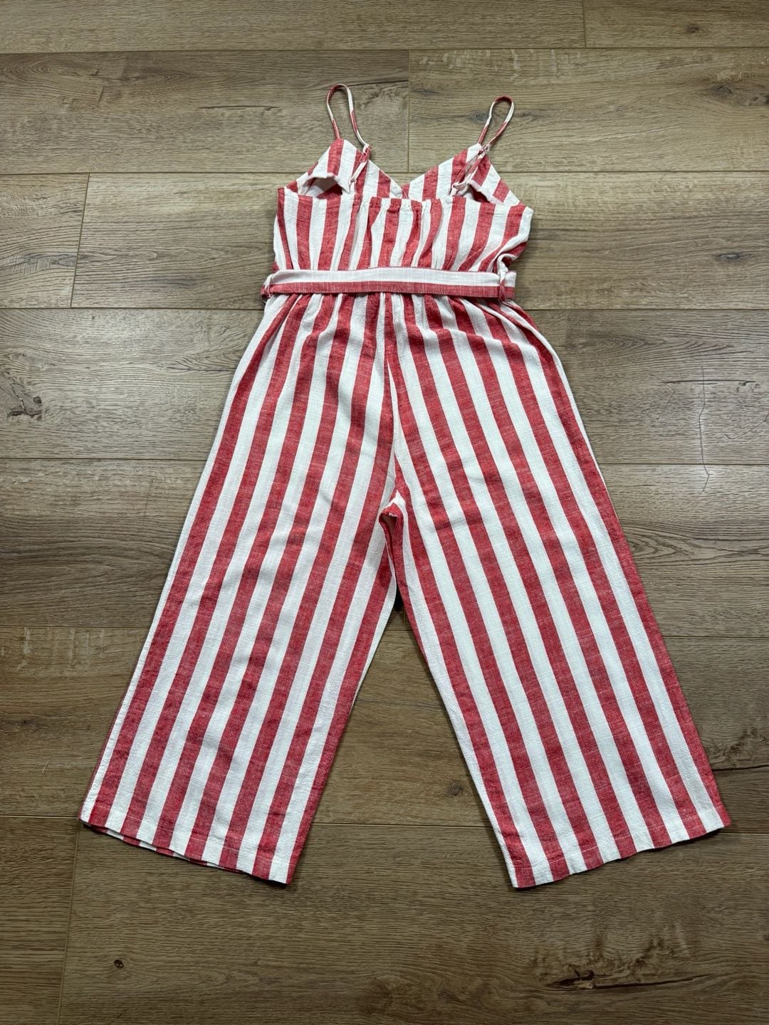 Kensie Jeans Red White Striped Linen Blend Wide Leg Cropped Jumpsuit Small 14