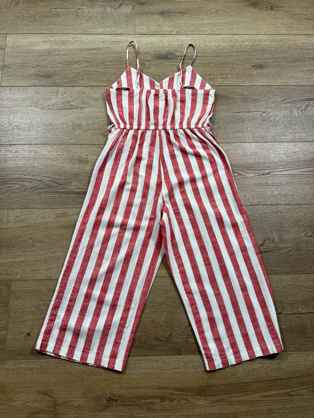 Kensie Jeans Red White Striped Linen Blend Wide Leg Cropped Jumpsuit Small 15