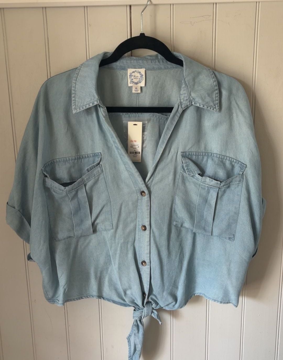 Francesca's Chambray Tie-Front Short-Sleeve Button-Down Blouse 1