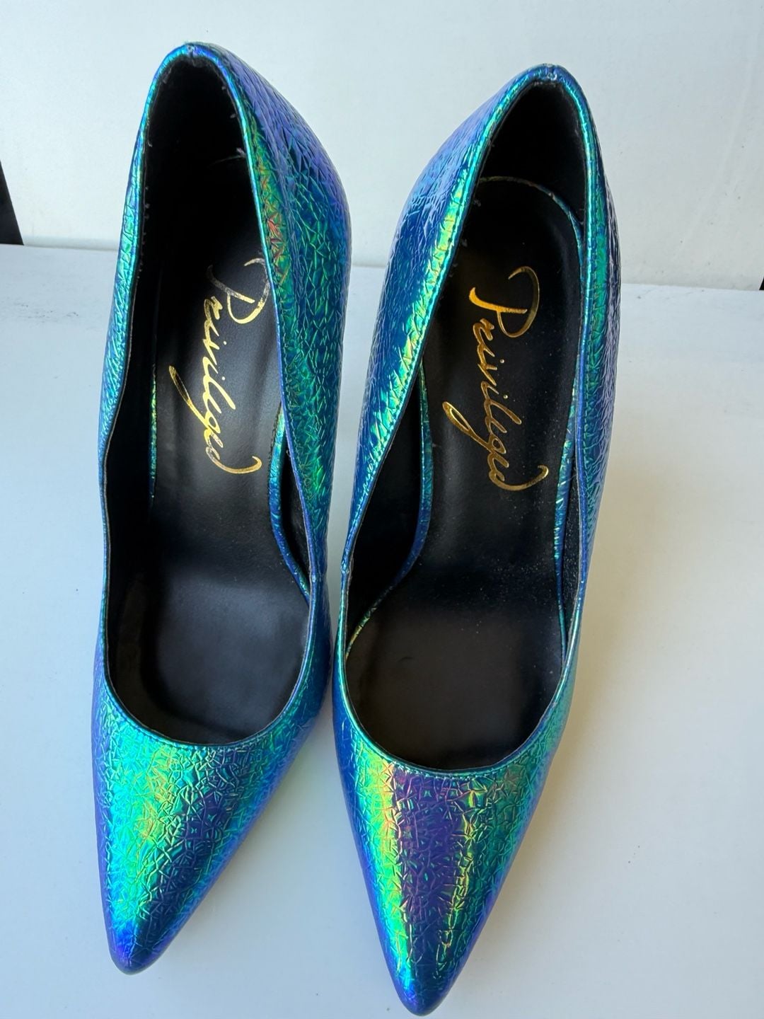 Privileged Verge Iridescent Mermaid Blue and Gold Stiletto Pumps 2
