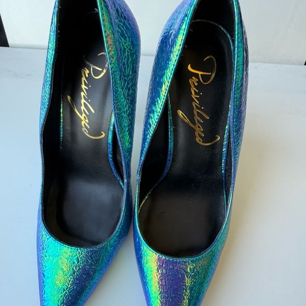 Privileged Verge Iridescent Mermaid Blue and Gold Stiletto Pumps