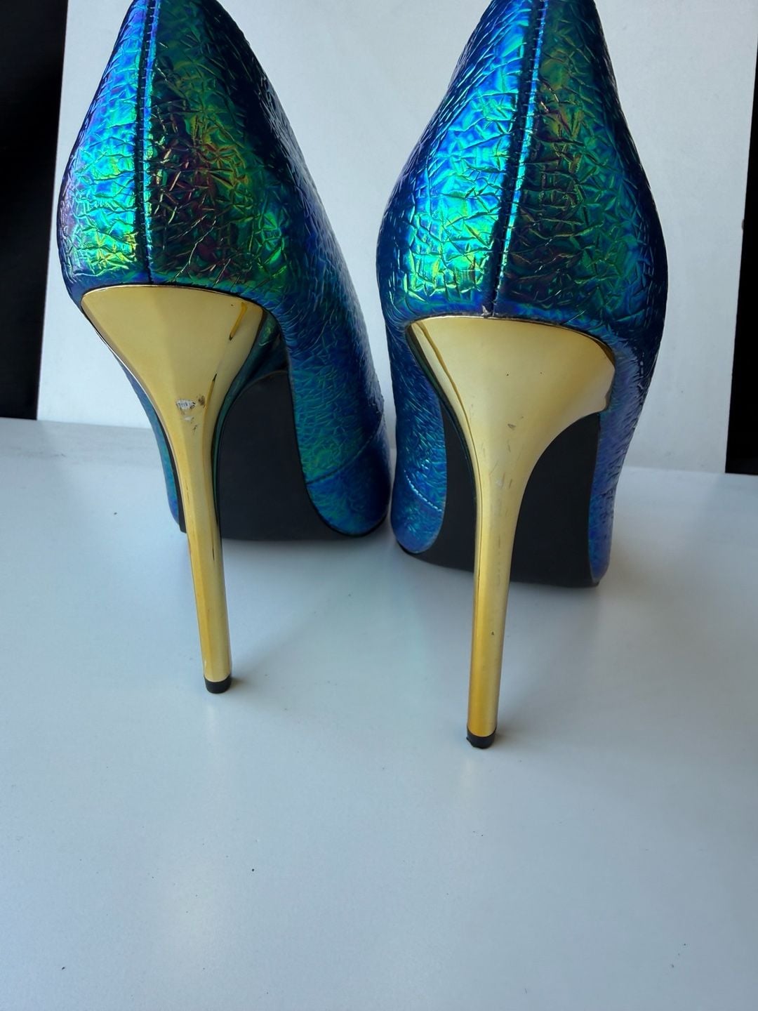 Privileged Verge Iridescent Mermaid Blue and Gold Stiletto Pumps 6
