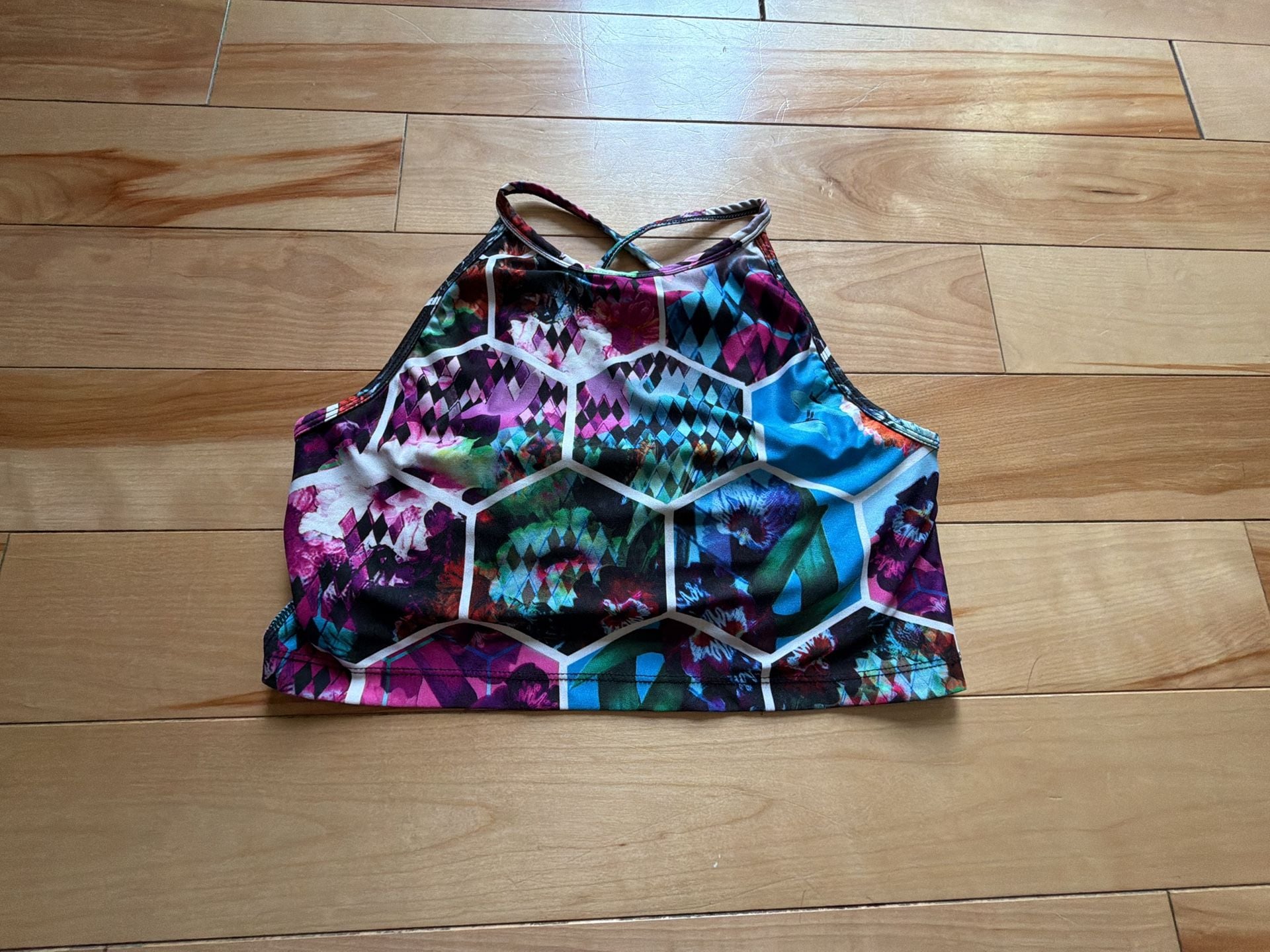 Betsey Johnson Performance Multicolor Geometric Floral High Neck Sports Bra size L 1