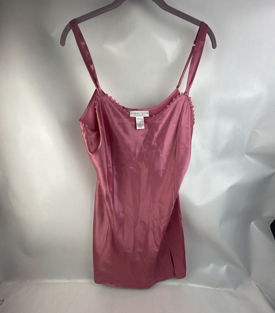 Morgan Taylor Intimates Pink Satin Chemise Slip Dress with Lace Trim 1