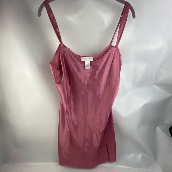 Morgan Taylor Intimates Pink Satin Chemise Slip Dress with Lace Trim