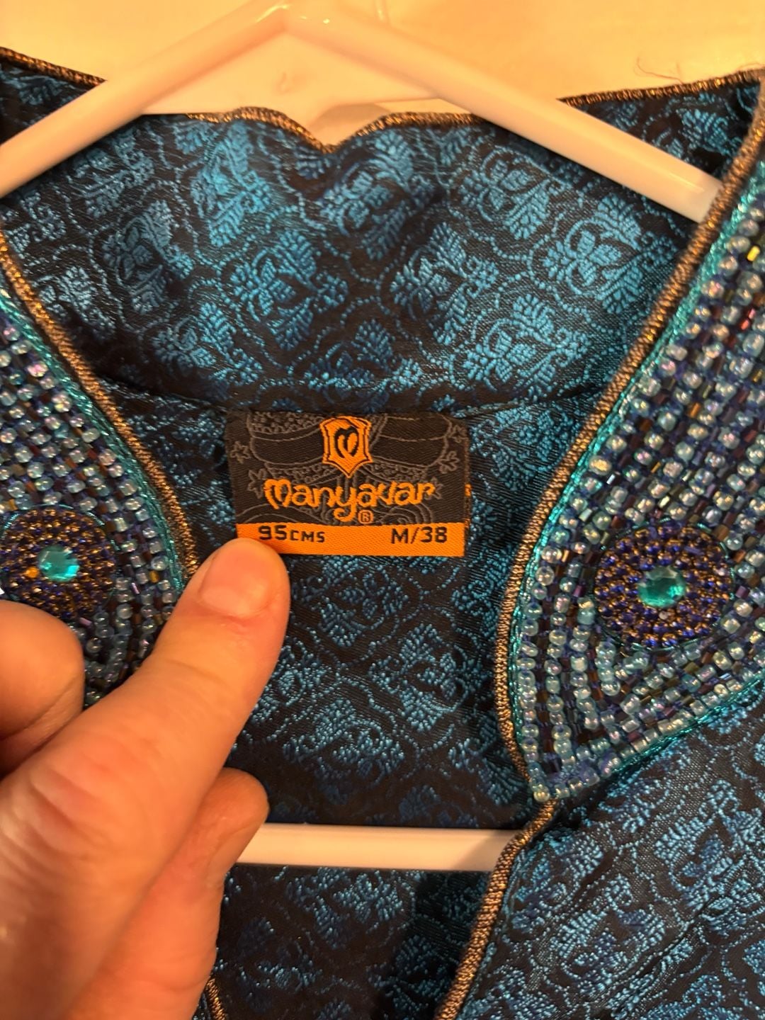 Buy DIWAS BY MANYAVAR Men's Satin Sequinned Placket Kurta Set (Teal Blue,XXL) at Amazon.in 4
