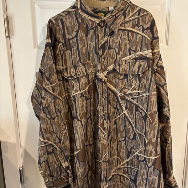 Vtg Cabela's Mens Bark Branch Camo Hunting Button Shirt LARGE TALL Made USA