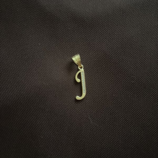 14K Yellow Gold Script Initial Letter J Pendant with CZ Stones