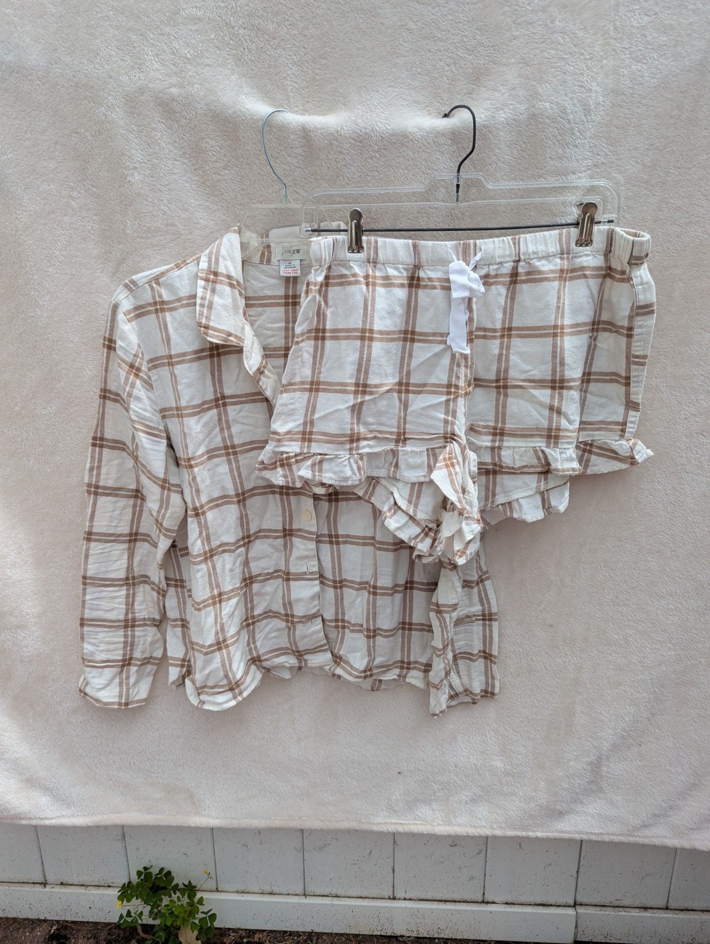 J.Crew Women's Plaid Flannel Pajama Set with Long Sleeve Button-Down Top and Ruffle Shorts 1