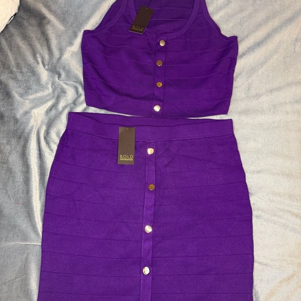 BOLD elements Women's Purple Two-Piece Ribbed Knit Tank Top and Button-Front Skirt Set