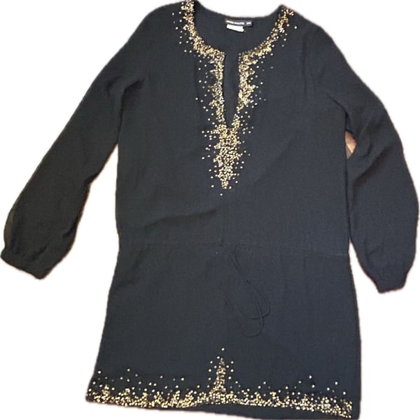 Antik Batik Black Bronze Sequin Embellished Sheer Long Sleeve Boho Tunic Dress
