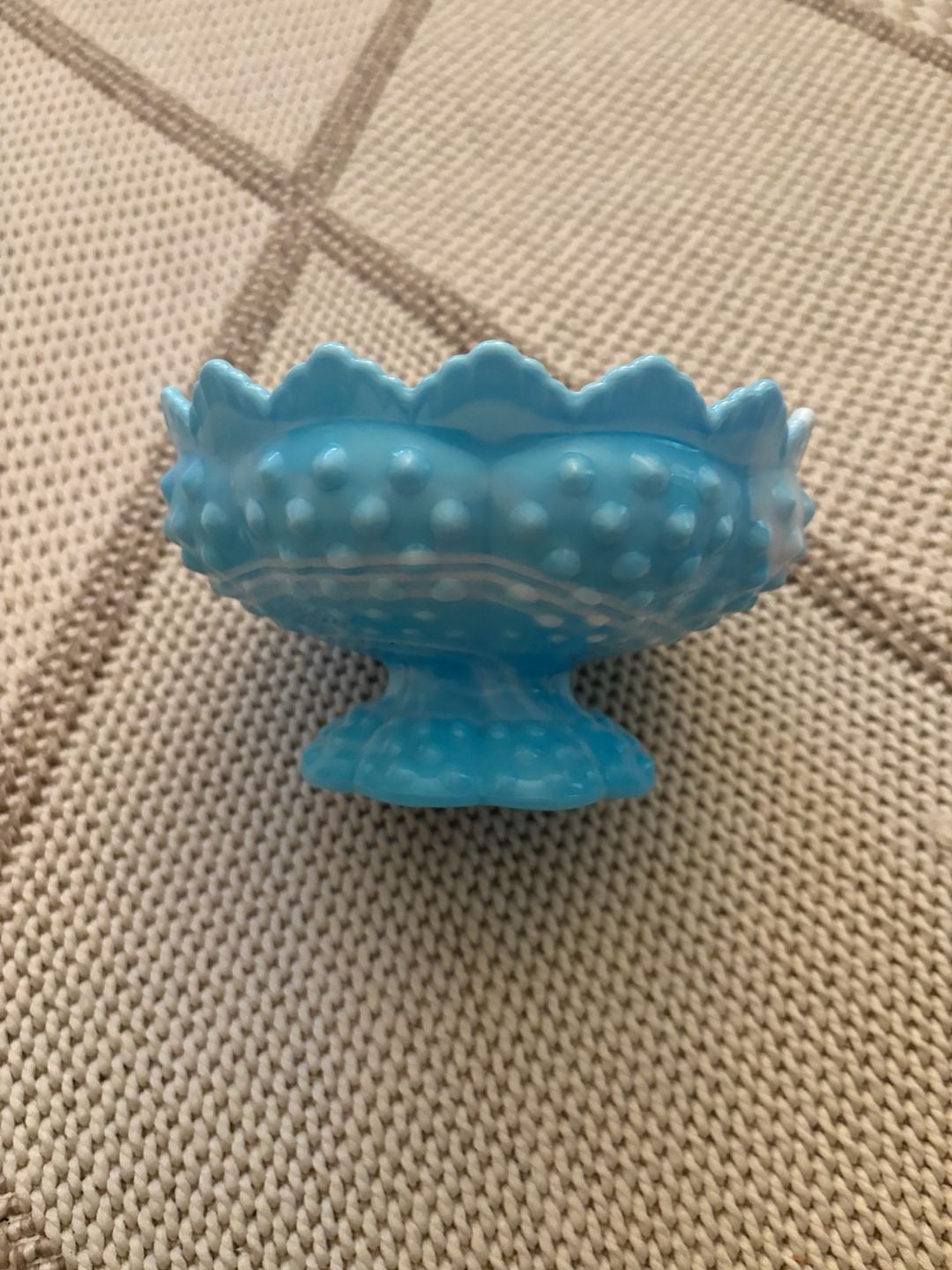vintage Fenton hobnail pattern candle bowl, blue & white marbled slag glass, 1