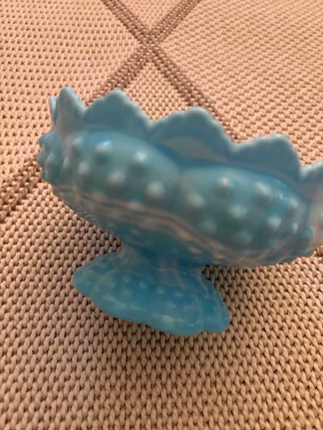 vintage Fenton hobnail pattern candle bowl, blue & white marbled slag glass, 2