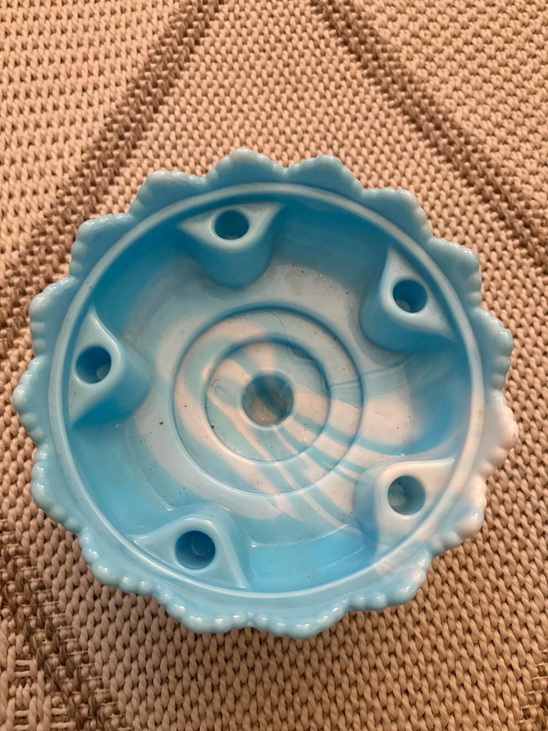 vintage Fenton hobnail pattern candle bowl, blue & white marbled slag glass, 3
