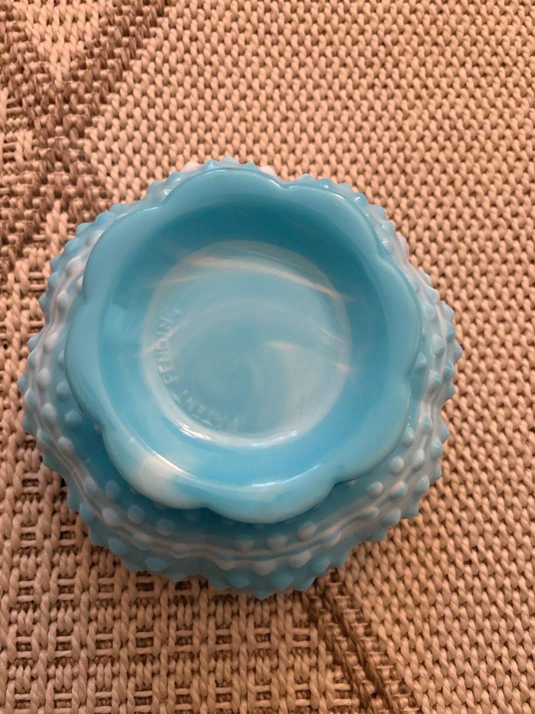 vintage Fenton hobnail pattern candle bowl, blue & white marbled slag glass, 4