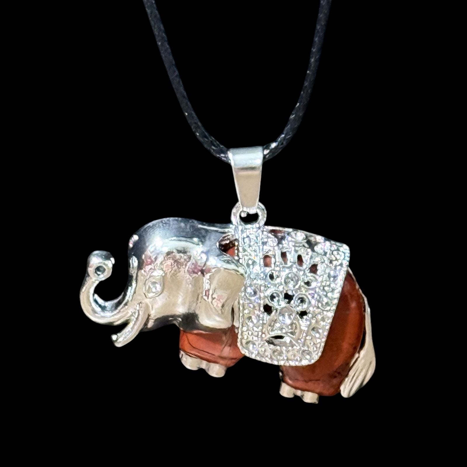 Red Jasper Traveling Elephant Pendant Black Cord Necklace 2