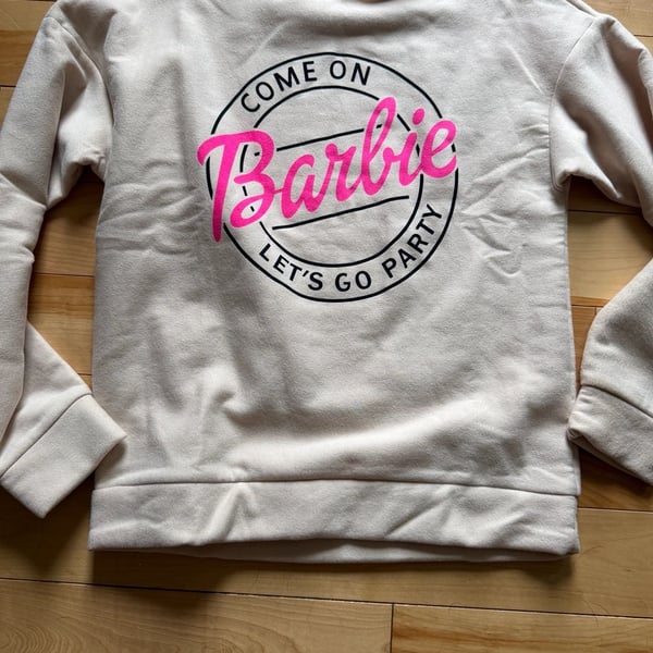 Size M Barbie 'Come On Barbie Let's Go Party' Cream Graphic Crewneck Sweatshirt NWOT