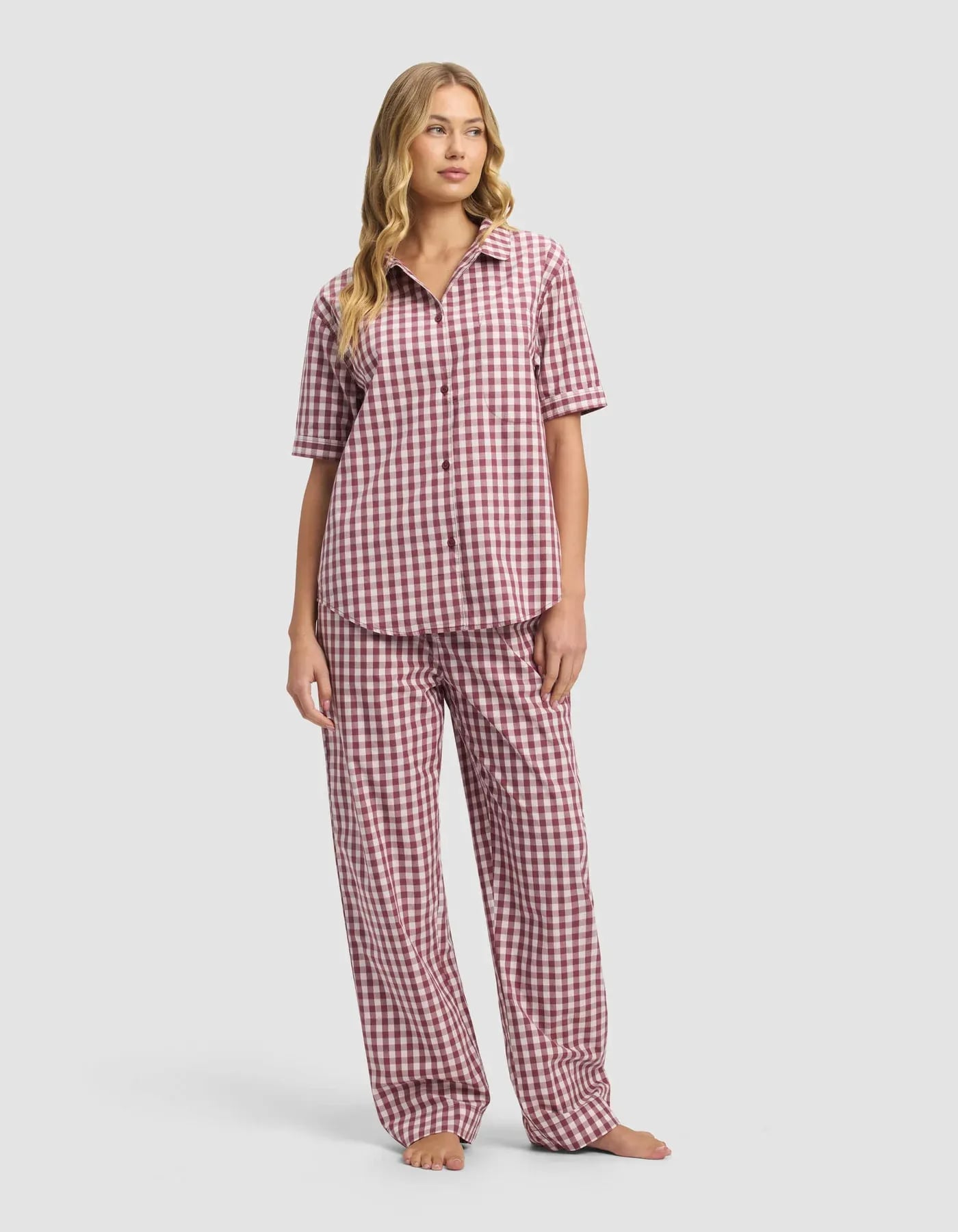 Cozy Earth Women's Sutton Short Sleeve Pajama Set in Mulberry Gingham 1