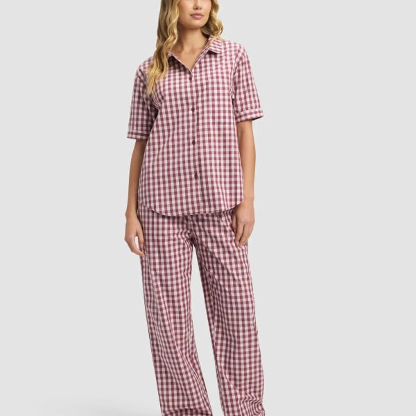 Cozy Earth Women's Sutton Short Sleeve Pajama Set in Mulberry Gingham