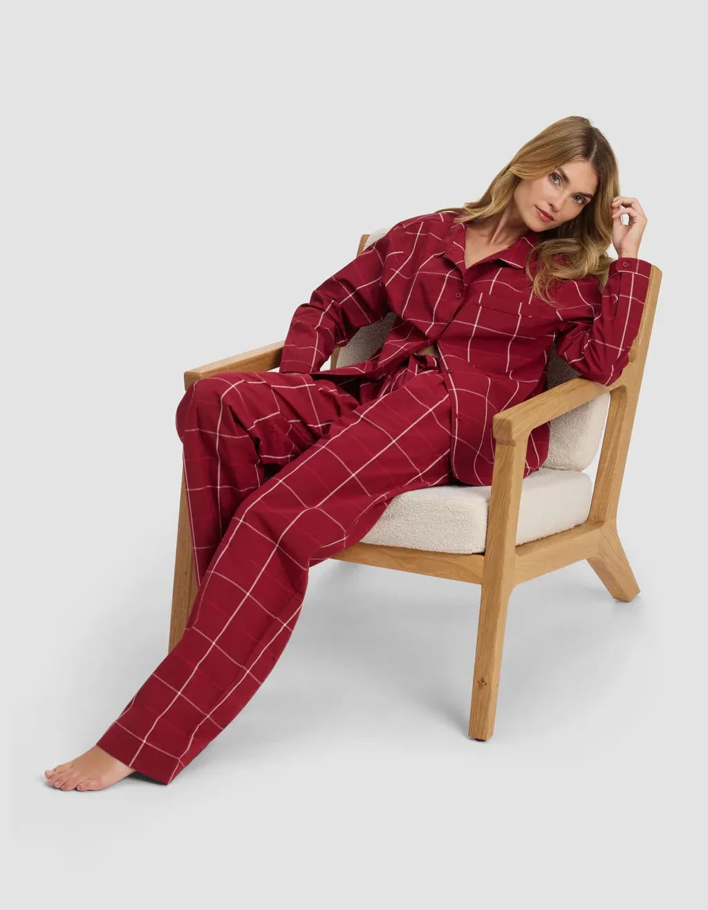 Cozy Earth Sutton Long Sleeve Pajama Set in Garnet Windowpane 1