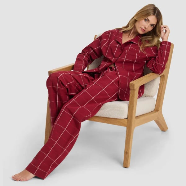 Cozy Earth Sutton Long Sleeve Pajama Set in Garnet Windowpane